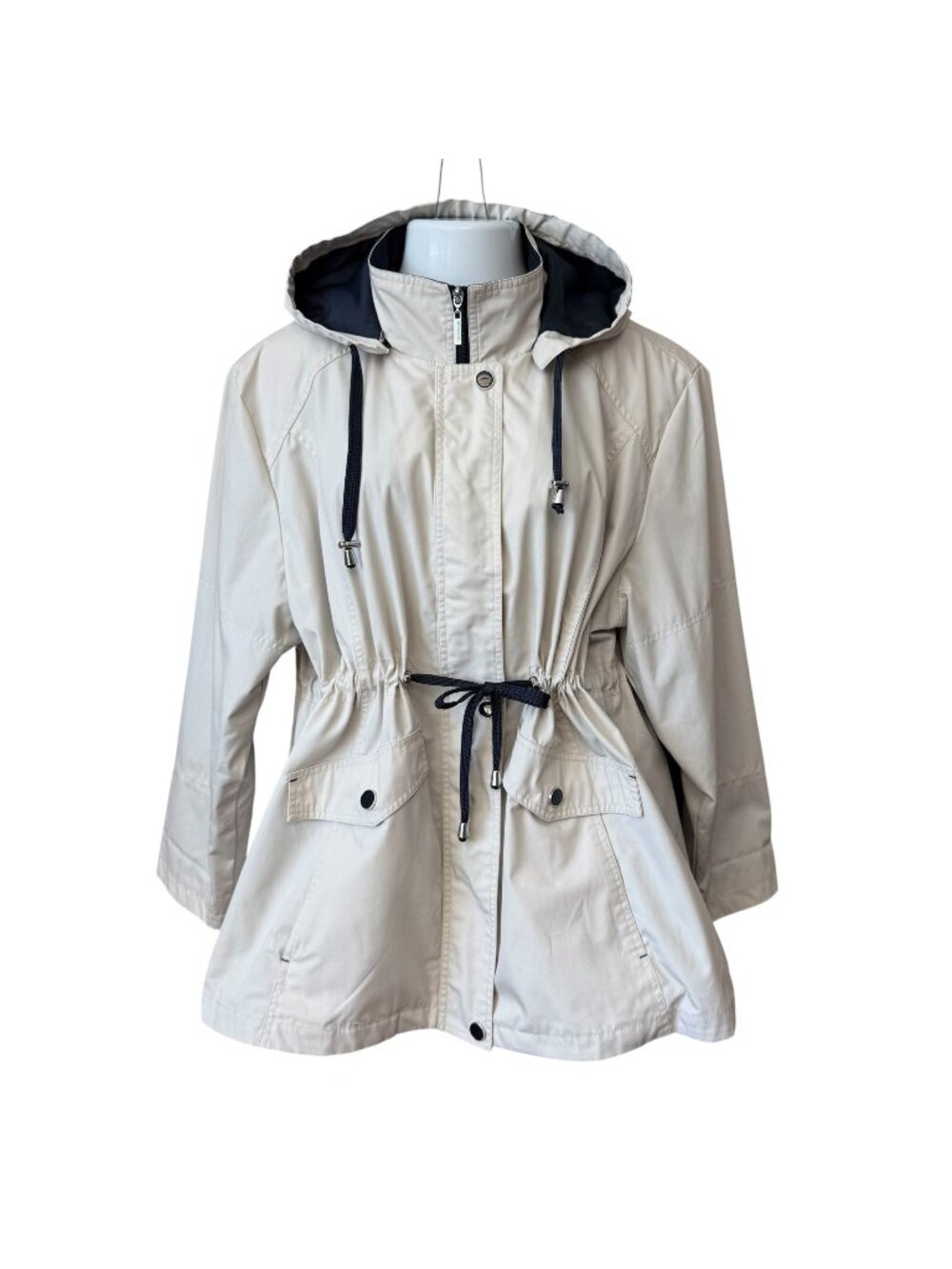 Vintage Macintosh Womens 2X Coat Tan Blue Detachable Hood Lined Nautical Spring